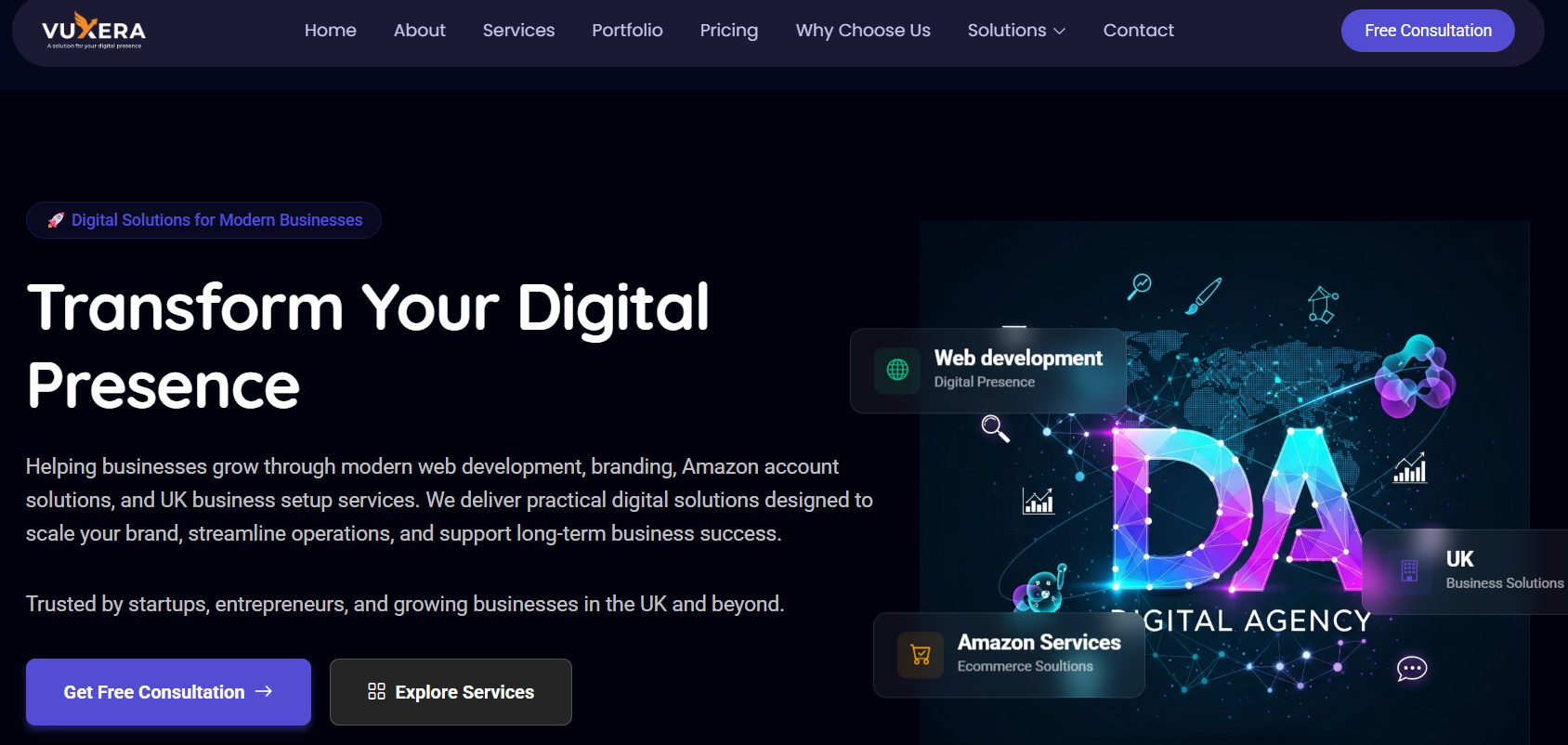 Vuxera homepage showing services and pricing